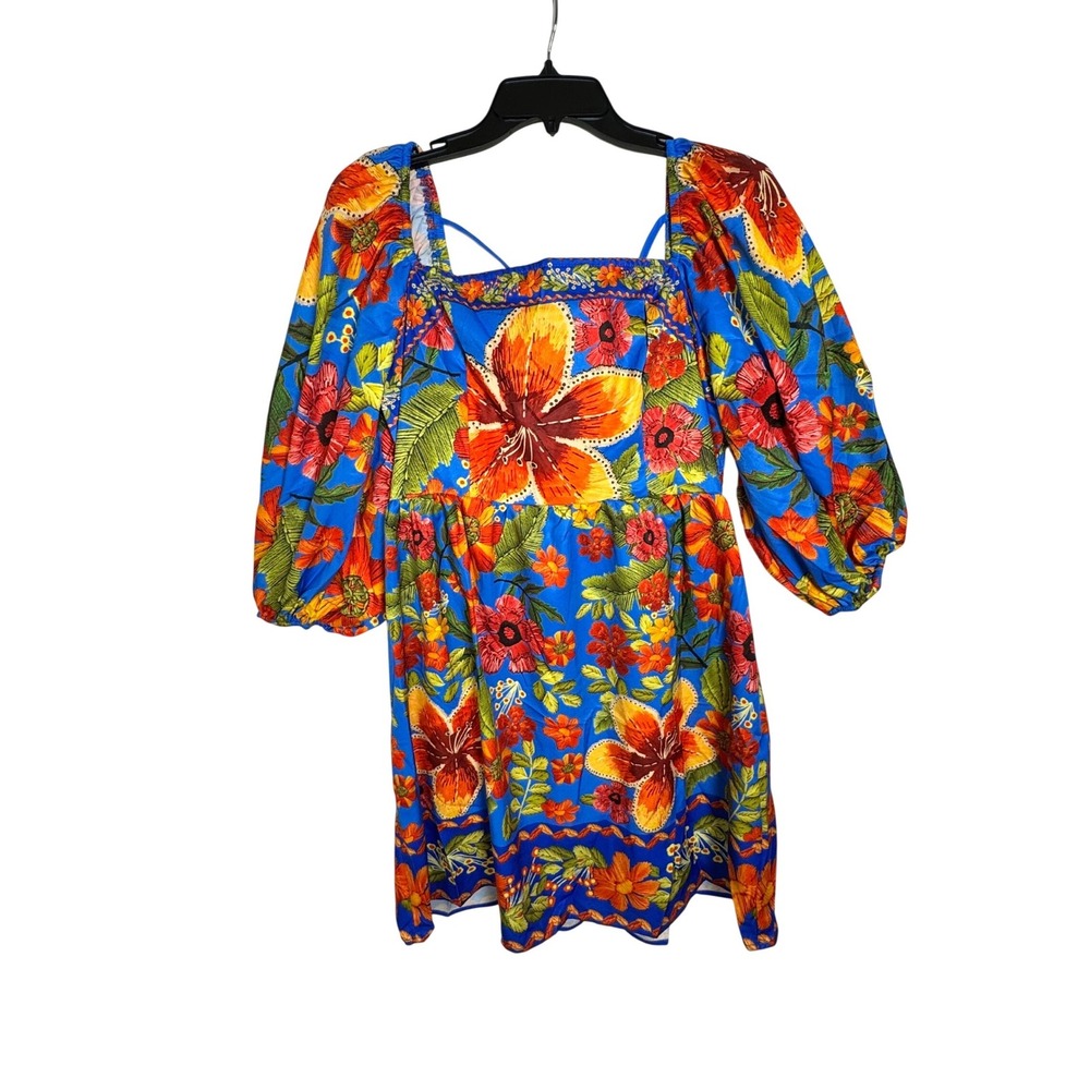 Blue Tropical Floral Smocked‎ Back Puff Sleeve Mini Dress Large - Picture 5 of 10